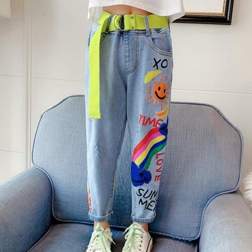 Hot Deals Jeans For Teenage Girls Kids 8 12Yrs High Quality Graffiti Painting Print Casual Pants With A Rainbow Cartoon Trousers