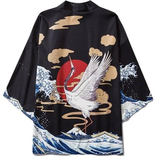 Japanese Style Crane Wave Kimono Women Men Cardigan Shirt Yukata Haori Obi Clothing Vintage Tradition Blouse Clothes