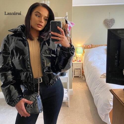 PU Latex Leather Puffer Jacket Winter Clothes Women Zip Up Cropped Bubble Coat Streetwear Woman Glossy Parkas