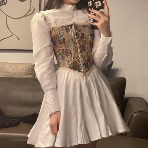 Summer Sweet Girl Courtly Style Vintage Fairy Dress Mori Girl Bandage Renaissance Vest White Dress Suit Cute Maid Women Dress