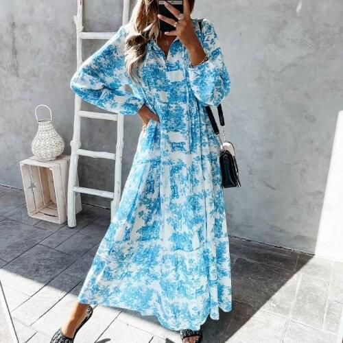 Summer Flower Print Lace Up Womens Maxi Dress Long Sleeve Drawstring Party Dress Women Casual V-neck Loose Fashion Lady Clothes