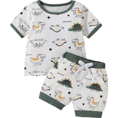 Summer Children Dinosaur Print Cotton Clothes Casual Set Short Sleeve O-neck Ribbed T-shirt Elastic Waist Shorts with Bow-knot