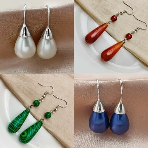 Pomlee Womens Earrings Set Silver Alloy Imitation Pearl Natural Stone Earrings for Female Trendy Drop-shaped Pendants Earrings
