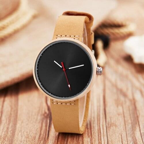 Natural Wood Watch Black Dial Men Women Quartz Watch Wristwatch Genuine Leather Strap Male Female Wooden Clock Relogio Masculin