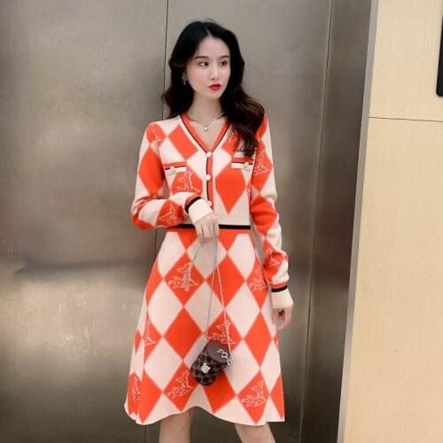 WTIANYUW 2021 New Pullover Knitting Sweater Dress New V Neck Autumn Winter Patchwork Waist Slimming Short Height Slimming Dress