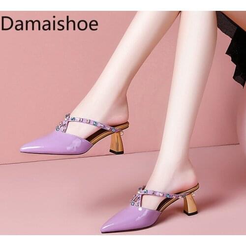 2021 Summer New Purple Pointed High Heel Slippers Outdoor All-Matching Patent Leather Rhinestone Chunky Heel Large Size Sandals