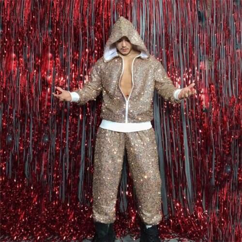 New Champagne Gold Sequin Set Men Hip Hop Street Dance Costumes Jazz Dance Outfits Nightclub Rave Performance Wear XS1179