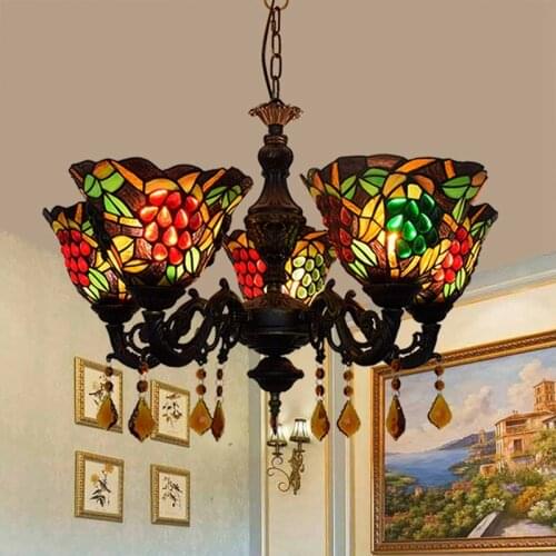 Ou tiffany stained glass sitting room dining-room bedroom bar club grape 5 head hanging crystal lamp