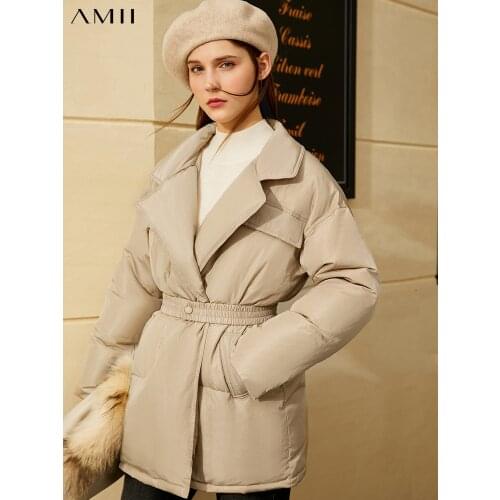 Amii Minimalism Thick Winter Coat Women Fashion OLstyle Solid 90% White Duck Down Lapel Belt Womens Down Coat 12040398