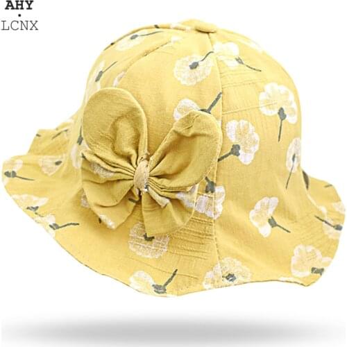 New Bow Summer Spring Baby Bucket Hat Kids Girls Wide Brim Flowers Print Girl Fisherman Sun Hat Princess Childrens Panama Cap