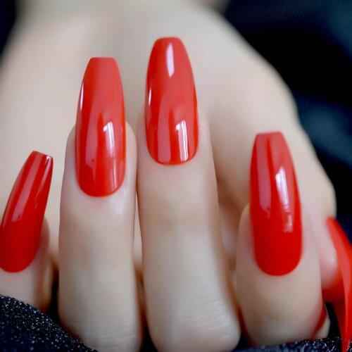 Extra Long Coffin Ballerina Shape False Press on Flame Red Nails UV Gel Summer Glue On Fingersnails Free Adhesive Tapes