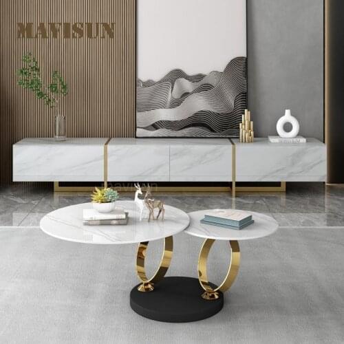 Light Luxury Rock Board Creative Rotating Tea Table Modern Minimalist Coffee Table With Stainless Steel Frame And TV Cabinet