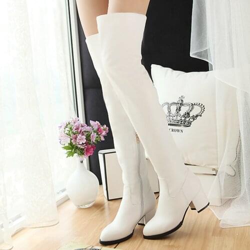 Street Fashion Casual Wedge Heel Over The Knee Boots Round Toe Thick Heel PU Artificial Leather Sleeve Ladies Winter Boots