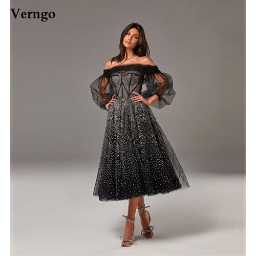 Verngo Sparkly Black Evening Dresses Off the Shoulder Detachable Puff Sleeves Tulle Party Gowns Tea Length 2021 Prom Dresses