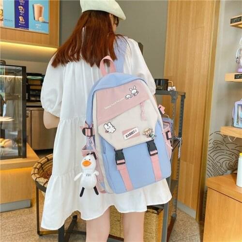 Waterproof Large Capacity Contrast Color Bookbags 2021 Harajuku Fashion Womens Backpack Cute Pendant Nylon School Bag For Girls