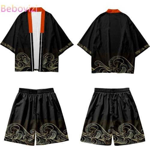 Yukata Asian Clothing Harajuku Print Kimono Shorts Sets Summer Two-piece Suit 4XL Vintage Japanese Cardigan Women Men Cosplay