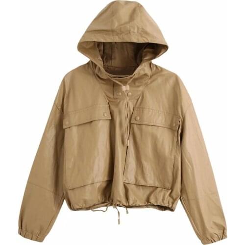 New Pop Women Jacket Faux Leather Short water-repellent High Collar Hoodie Coat Vogue Outerwear Tops manteau veste femme