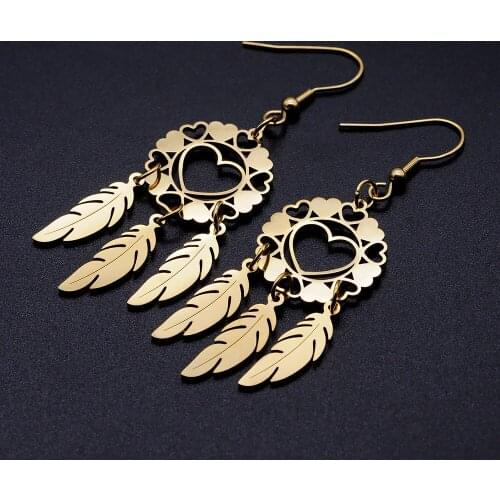 100% Stainless Steel Heart Dreamcatcher Unique Drop Earring for Women Wholesale Fashion Jewelry Earrings Bohemia Jewelry