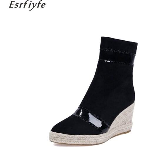 ESRFIYFE 2020 New Suede Autumn Winter Boots Shoes Women Ankle Boots Female Wedges Pointed Toe Boots Platform Warm Women Boots
