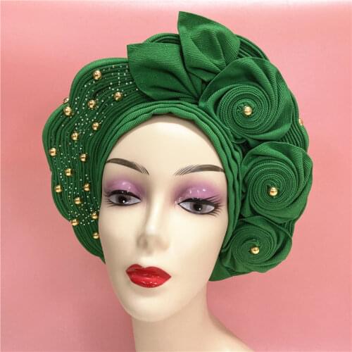 African headtie nigerian gele headties with beads and stones women head wrap sewing fabric for party 1set