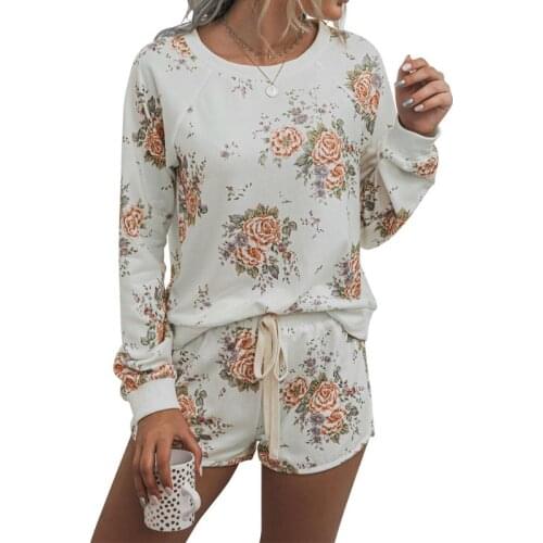 Women Tie-Dye Leopard Pajamas Set Long Sleeve O-Neck Top Shorts Loose Loungewear F42F