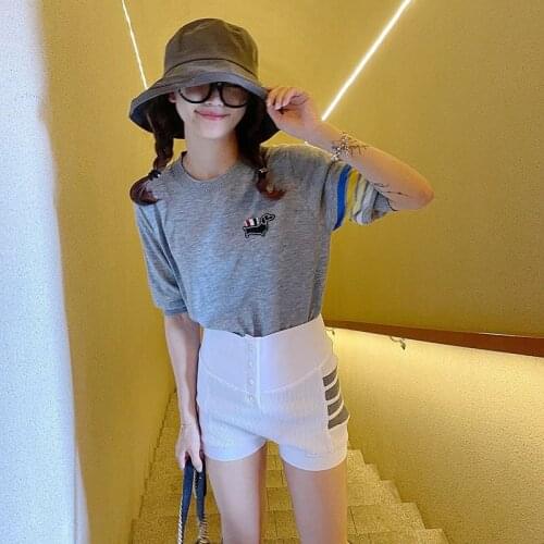 THOM Brand Summer Women T-Shirt Wool Dog Embroidery O-Neck Knitting Short Sleeve TB Striped Slim Top Sweater Korean Design