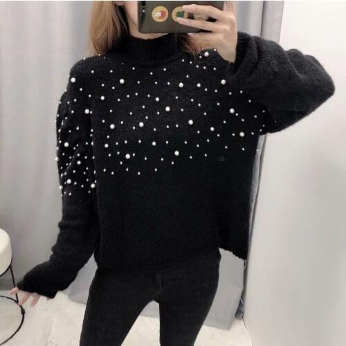2019 Women Knitted Sweaters Fashion Casual Korean Style Female Long Sleeve Wrap Front Loose Pullover Jumper with Pearls Beading