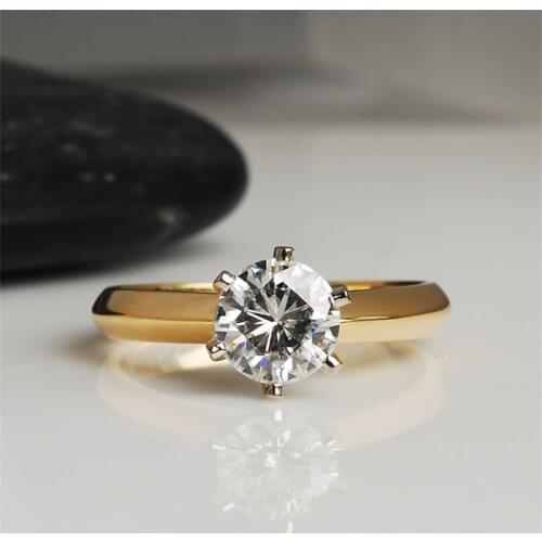 Have 100% 925 Sterling Silver Original Yellow Gold Ring 8mm Solitaire Cubic Zircon Stone Wedding Rings for Women With Ring Box