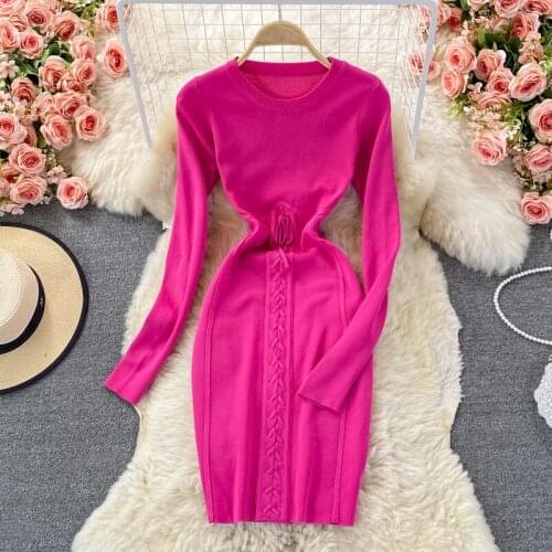 Knit Dress Women 2021 Autumn and Winter Long Sleeve Sweater Dress O-neck Slim Elastic Lace-up Bandage Mini Party Dress Vestidos