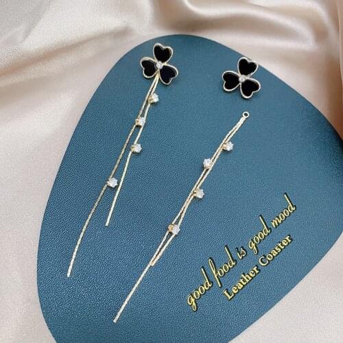 2021 New Trend Long Tassel Clover Black Enamel Leaf Rhinestone Dangle Earrings Women Girl Jewelry Party Gift