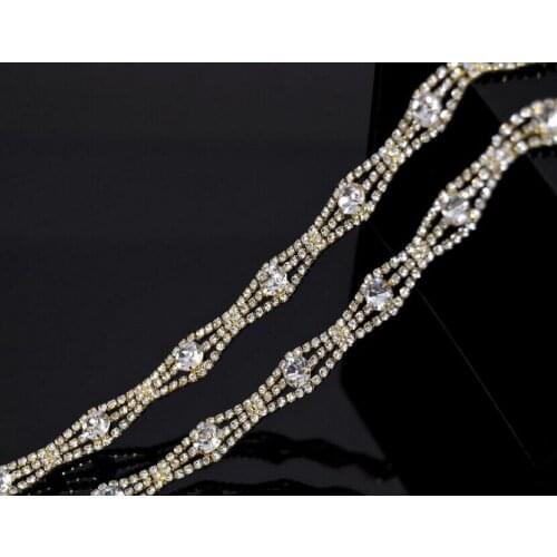 5yds Sewing On Clear Crystal Gold Finish Metal Bling Bling Bridal Rhinestone Trim