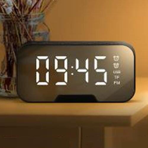 Bluetooth 5.0 Speaker FM Radio Mirror LED Alarm Clock USB Charger Home Black