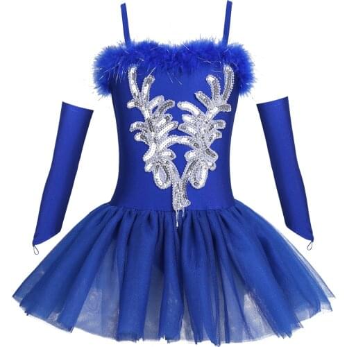Kids Girl Sequin Beads Ballet Dance Tutu Skirt Catsuit Performance Swan Ballet Dress with Gloves Hairpin Set Ballet Tutu Dress