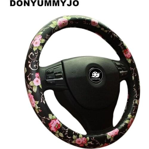 DONYUMMYJO Vintage Leather Steering Wheel Cover Flower Printing Womens Car Steering-Wheel Covers For Girls Steering Accessories