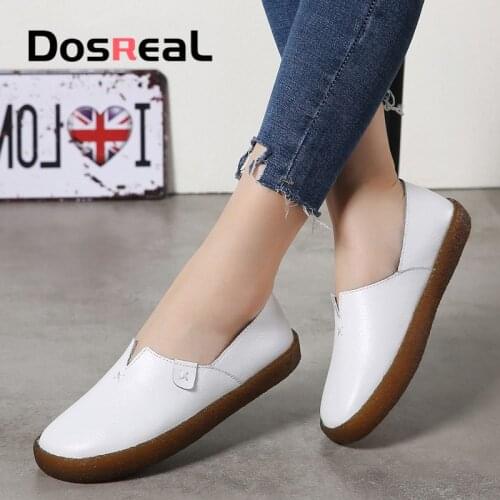 Dosreal Women Flats Shoes Slip On Loafers Shoes For Females Autumn Casual Leather Flats White Shoes Ladies Outdoor Moccasins