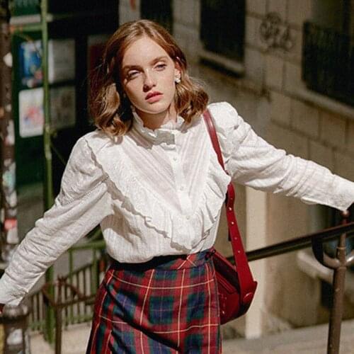 Elegant Ruffle Shirt Women Lace Patchwork Loose Buttons Up Cotton Retro Blouse Generous 2021 Camisas Mujer chemisier femme Tops