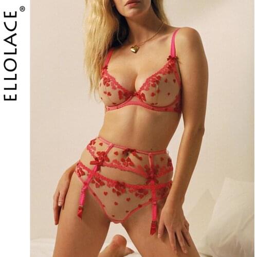 Ellolace Sensual Lingerie Brief Set Heart-shaped Embroidery Bowknot Transparent Bra and Panty with Graters Sexy Breves Sets