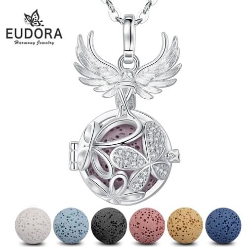 Eudora Harmony Butterfly Angel Design Locket 7PCS Volcanic Lava Stone Necklace For Women Aroma Diffuser Locket Pendant Necklace