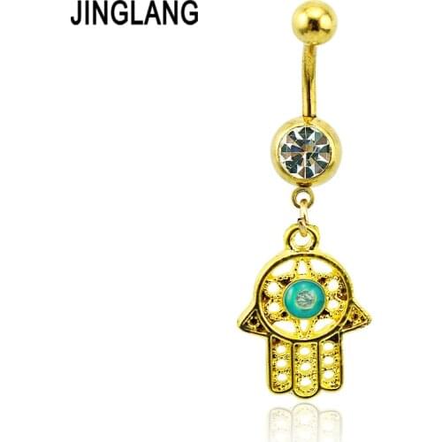 JINGLANG Body Jewelry Gold Color Belly Button Rings 316L Stainless Steel Barbells Dangle Palm Navel Rings Piercing
