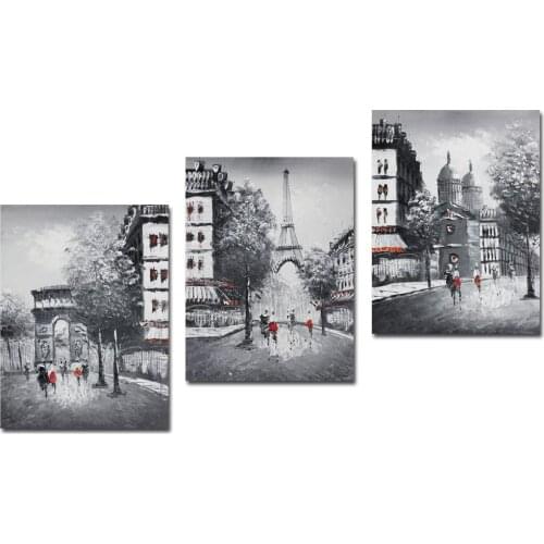 Muzagroo Art Handmade Oil Paintings Black Wall Art for Living Room Paris Canvas Art European Street View 3 Panels
