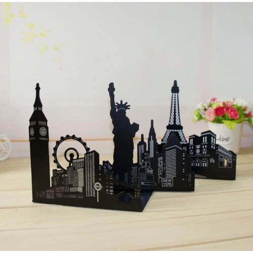 1 Pair of Famous Scenic Spots Style Metal Iron Desk Art Bookend Non-skid Art Bookends Bookrack Book Ends Shelf Rack