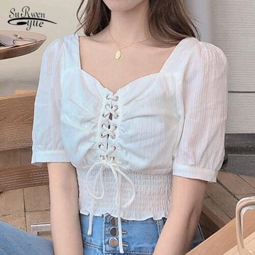 Korean Style Short Chiffon Blouse 2020 Summer New Short Sleeve Blouse Women All-match Vintage Lace-up Womens Cloth 10032