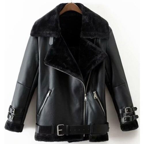Nice Vintage Woman Faux Leather Coat with Fur New Vogue Ladies Winter Thick Motorcycle Outwear Female Cool Warm Zipper Jacket
