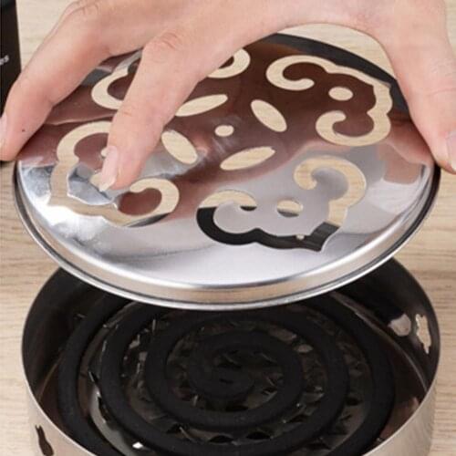 Stainless Steel Round Plate Spiral Mosquito Coil Holder Tray Incense Safe Cover