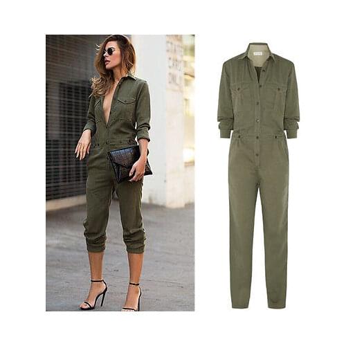 Hot Sale Ladies Sexy Vintage Romper Long Pants Women Slim Bodycon Jumpsuit Long Sleeve Army Green Solid Casual Cargo Pants