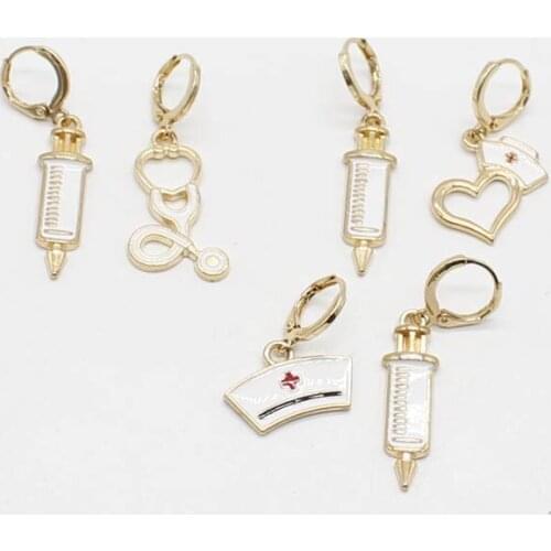 Nurse doctor earrings, medical symbol earrings, stethoscope earrings, syringe earrings, asymmetric earrings, ladies golden fashi