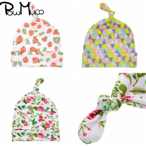 Powmuco 30*17 CM Fashion Printed Newborn Hats Colorful Triangles Pattern Baby Girls Caps Handmade Knot Bonnet Infant Turban