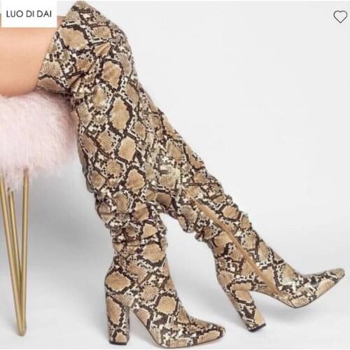 2020 fashion lady BEIGE SNAKE THIGH HIGH BOOTS chunky heel over knee high boots point toe women botas zip up party shoes