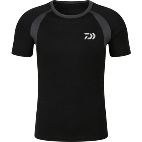 DAIWA Short Sleeve Fishing Clothings Men Summer Black Cotton Fishing T Shirt Breathable Outdoor Sports Running Tops Jersey