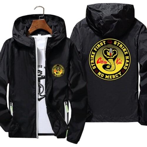 Mens Cobra Kai No Mercy Strike First Strike Hard Thin Reflective Skin Jackets Windbreaker Quick Drying Sport Coats Plus Size 7XL